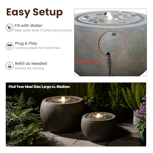 Large Round Bubbler Water Fountain with Lights & Pump Gray I475