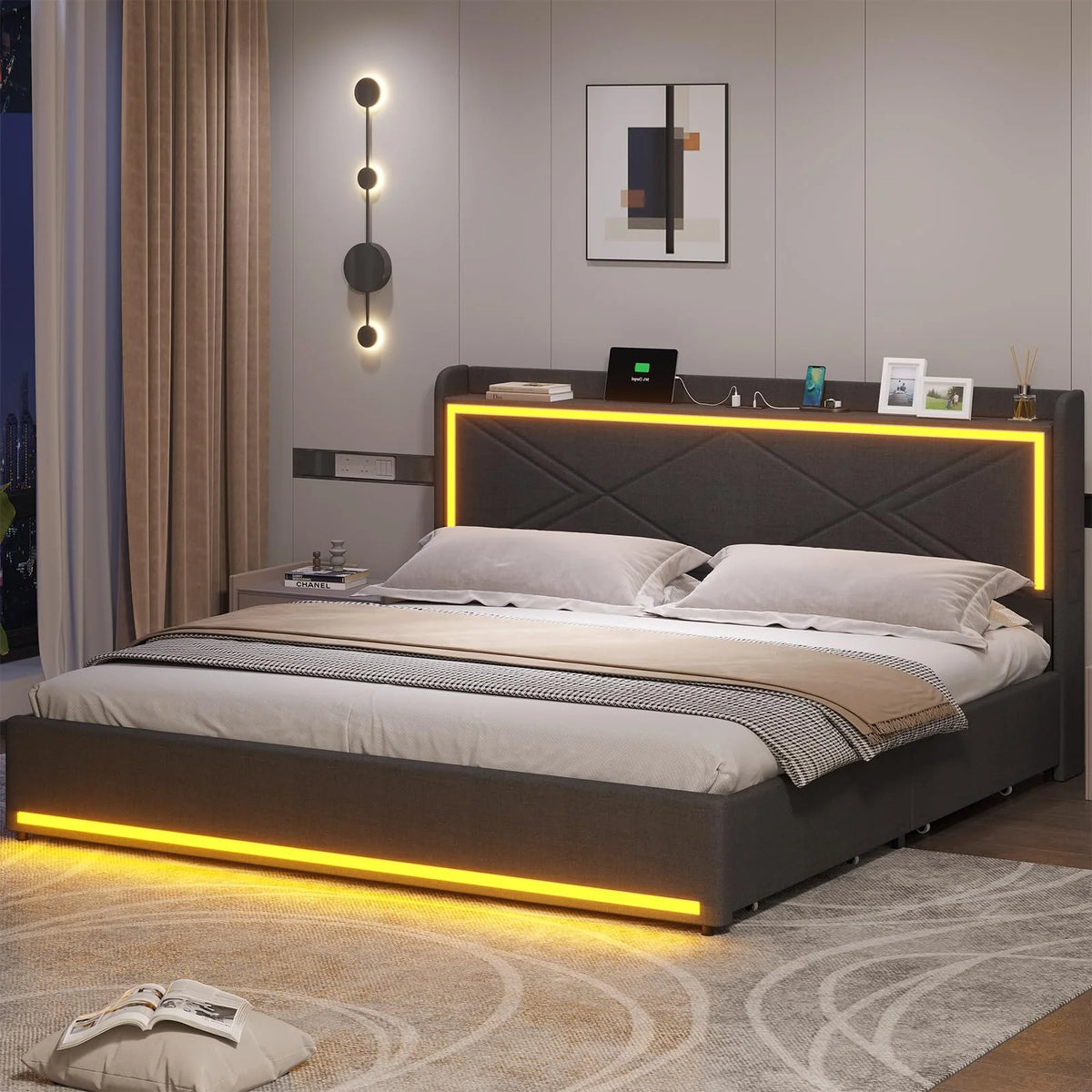 King Size Faux Leather Upholstered Platform Bed Frame with Storage Drawers, LED Lights Headboard, USB-C Charging Station, Black M77742