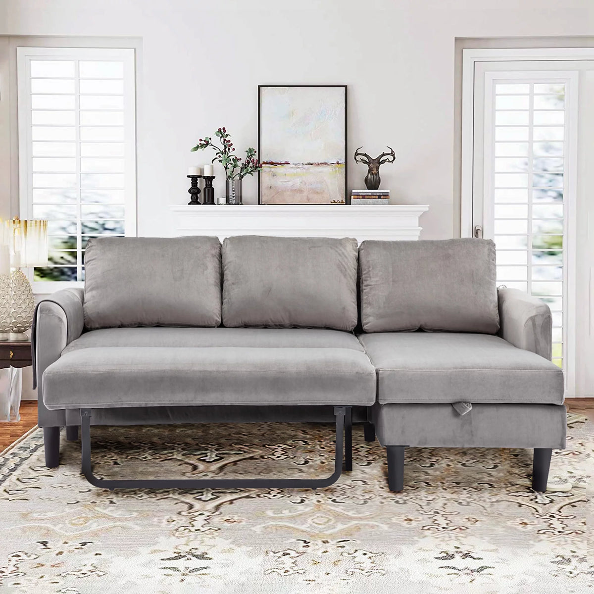 Gray Fabric Sectional Sleeper Sofa with Pull Out Bed P278620