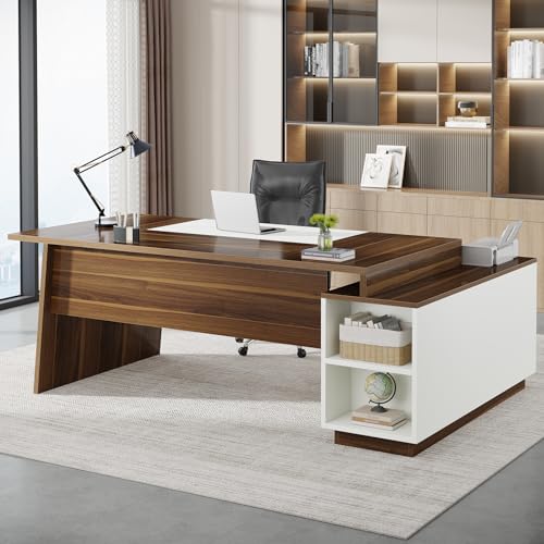 L-Shaped Executive Office Desk with Storage Cabinet and Shelves F937