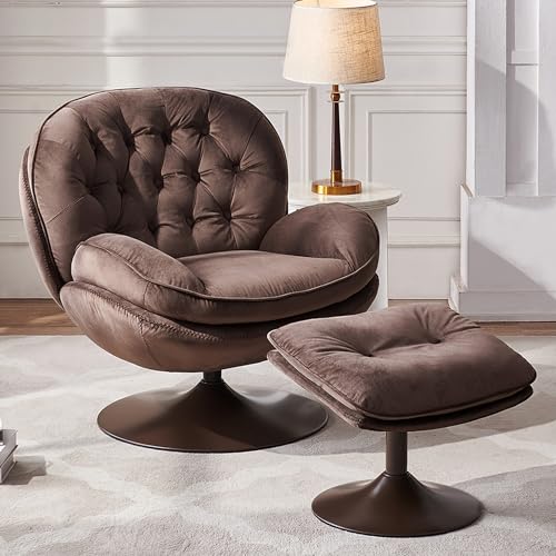 Olive Green Velvet Swivel Accent Chair with Ottoman E26612