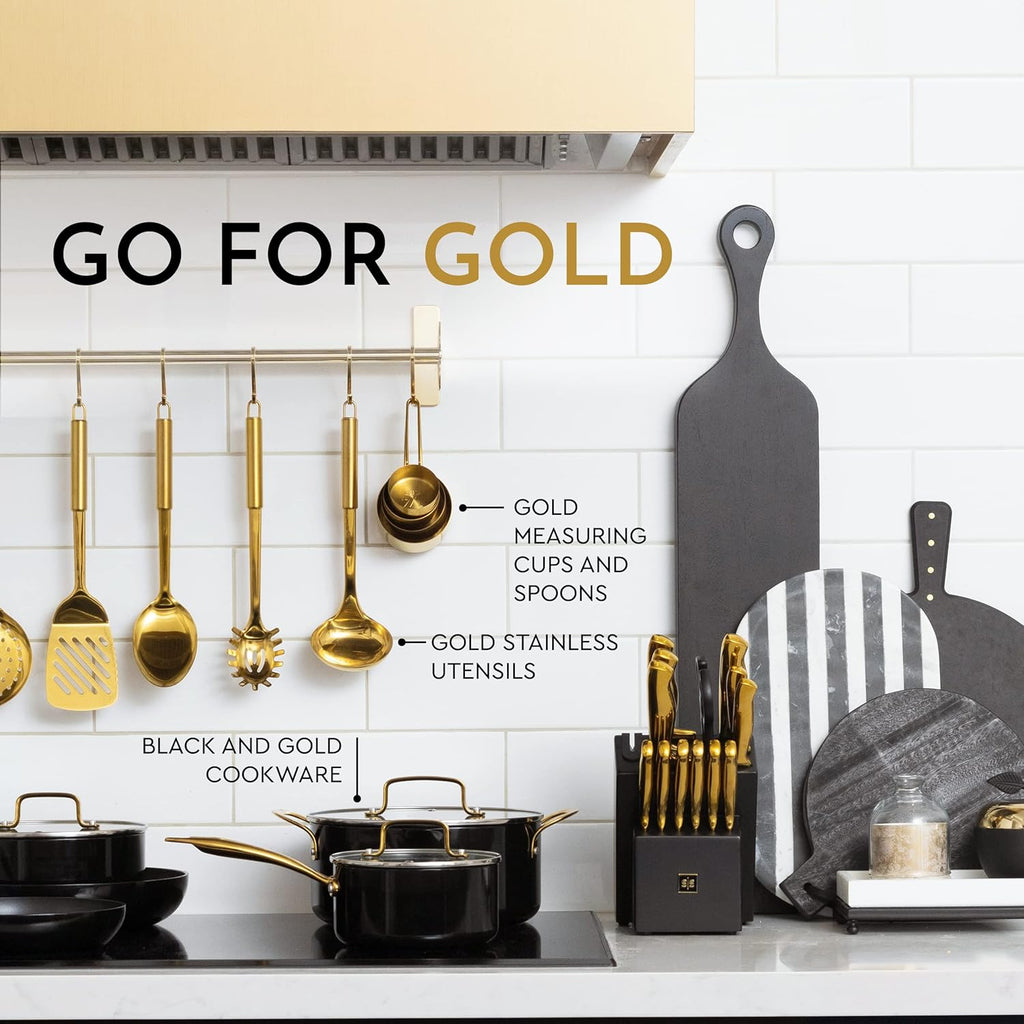 19 Piece Black and Gold Knife Set with Block Self Sharpening and Cooking Utensils Set P80541