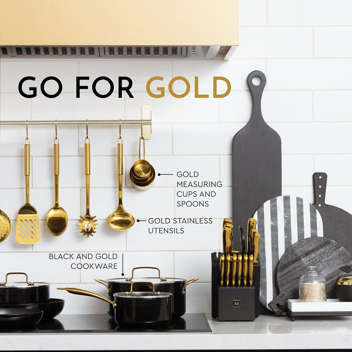 19 Piece Black and Gold Knife Set with Block Self Sharpening and Cooking Utensils Set P80541
