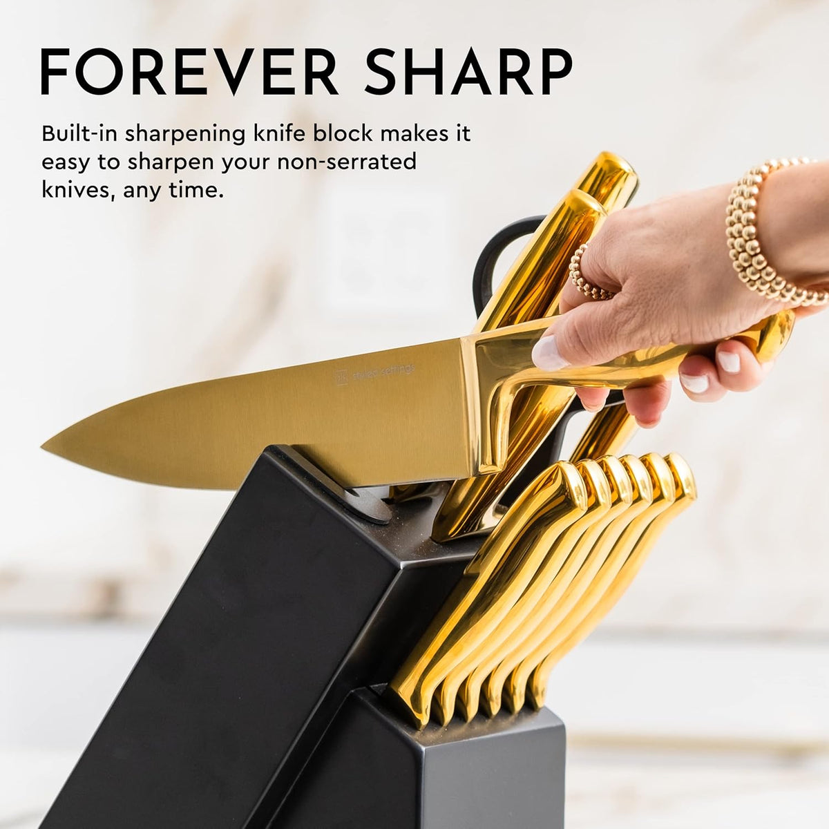 19 Piece Black and Gold Knife Set with Block Self Sharpening and Cooking Utensils Set P80541