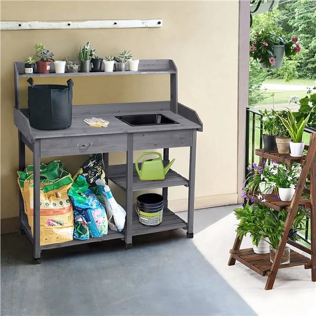 Wooden Potting Bench with Sink Drawer Rack Y748992