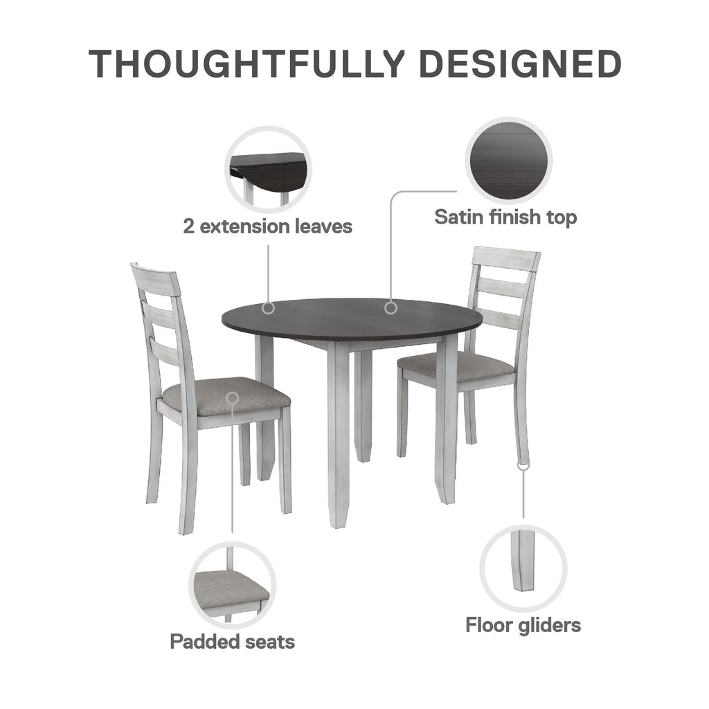 3-Piece Drop Leaf Wood Dining Set with Round Table and 2 Chairs W11561