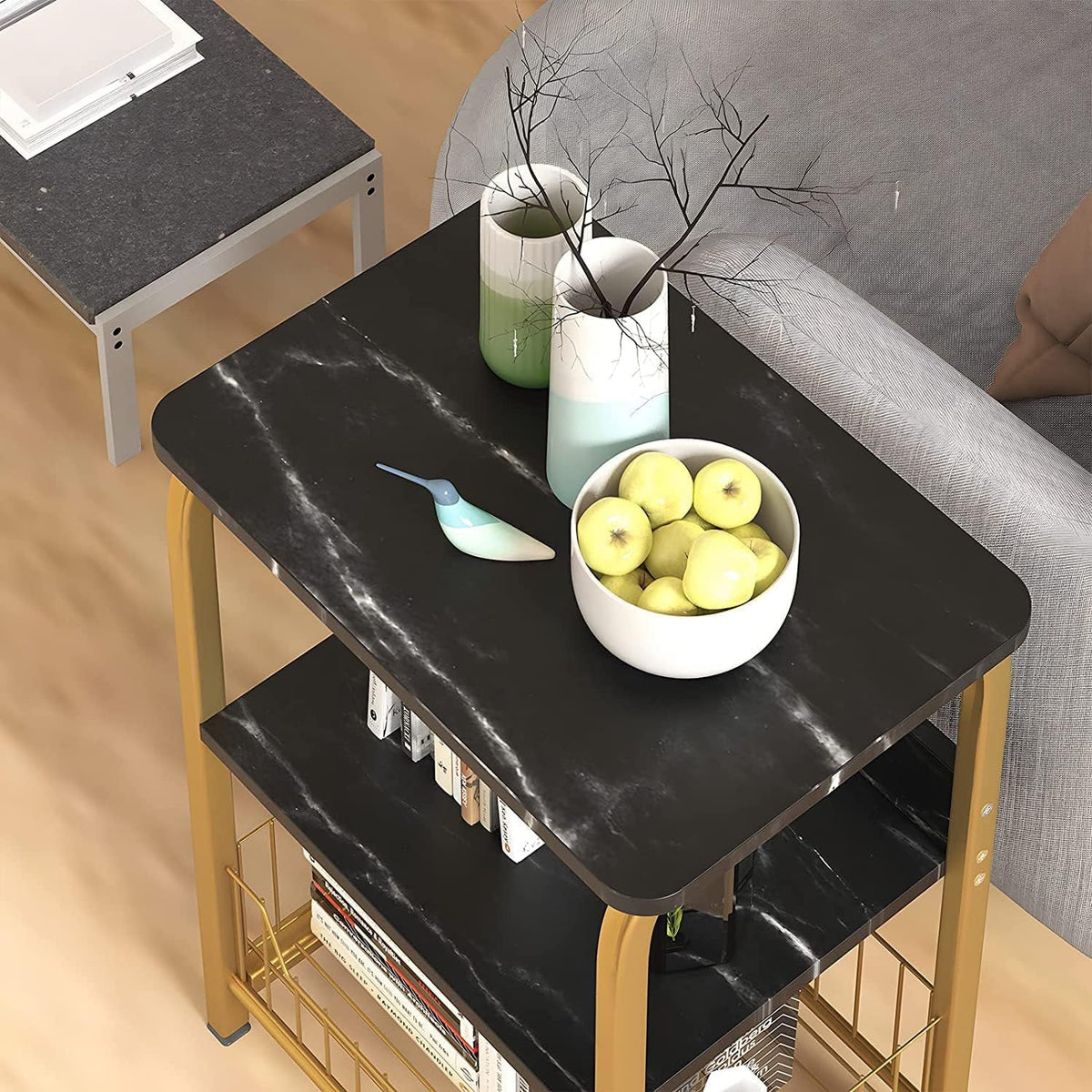 Black Marble 3 Tiers Nightstand with Wood and Metal Frame H40626