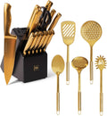 19 Piece Black and Gold Knife Set with Block Self Sharpening and Cooking Utensils Set P80541