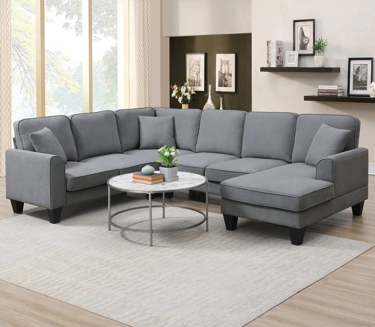 Dark Gray 7 Seat U Shape Sectional Sofa with 3 Pillows J662827