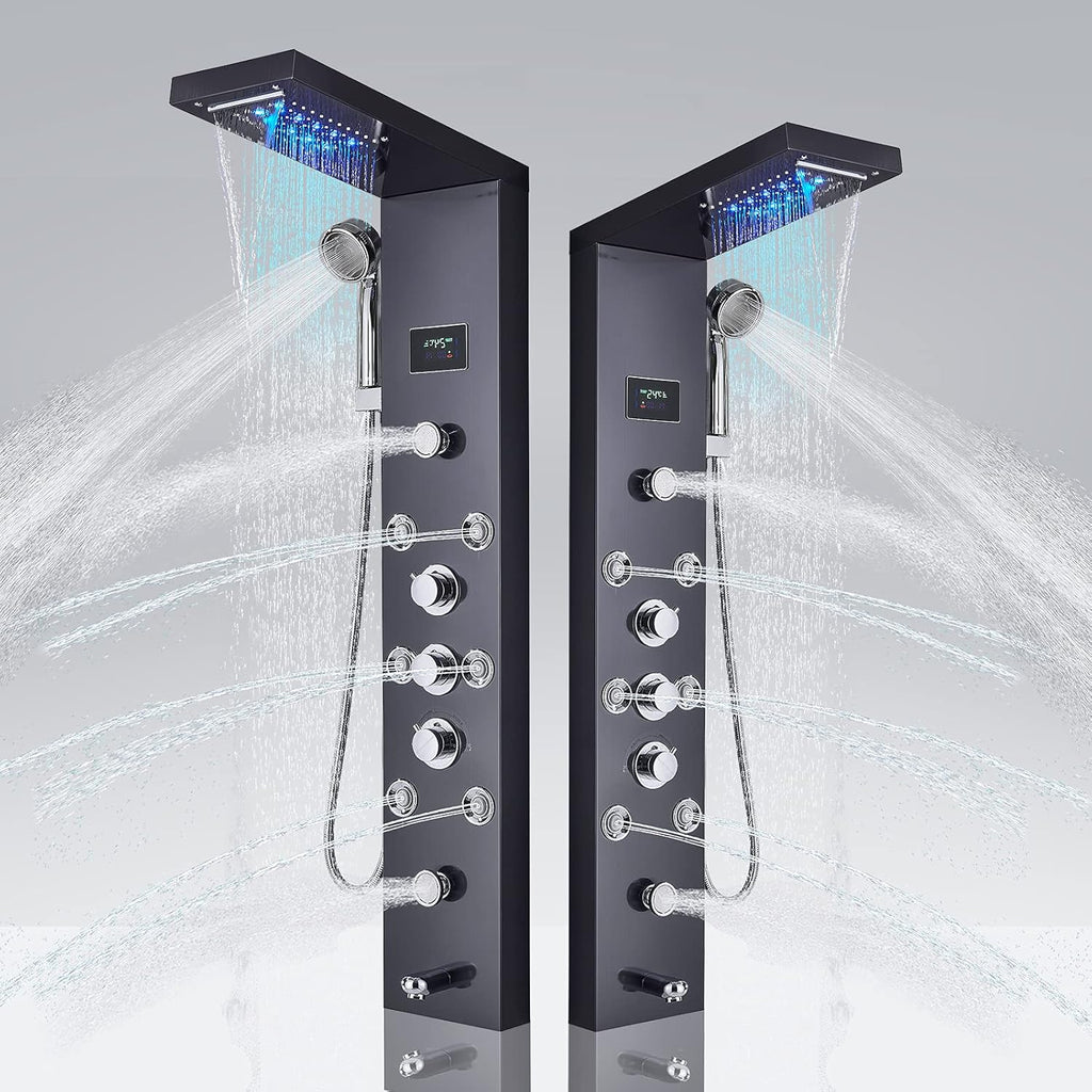 LED Shower Panel Tower System, 6-Function Shower Tower, Rain Massage Full Body Shower System with Jets, LED Rainfall Waterfall Shower Head, Brushed Nickel P253