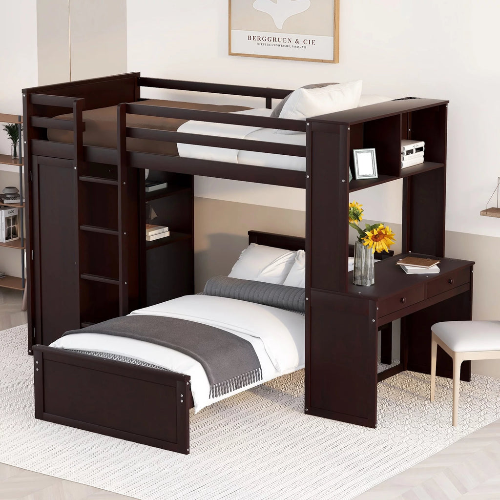 Twin Size Solid Wood Loft Bed with Desk and Wardrobe W114359