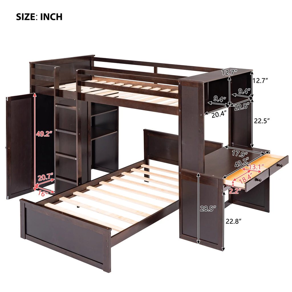 Twin Size Solid Wood Loft Bed with Desk and Wardrobe W114359