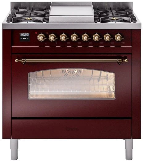36 Dual Fuel Natural Gas Range in Burgundy with Bronze Trim I8047