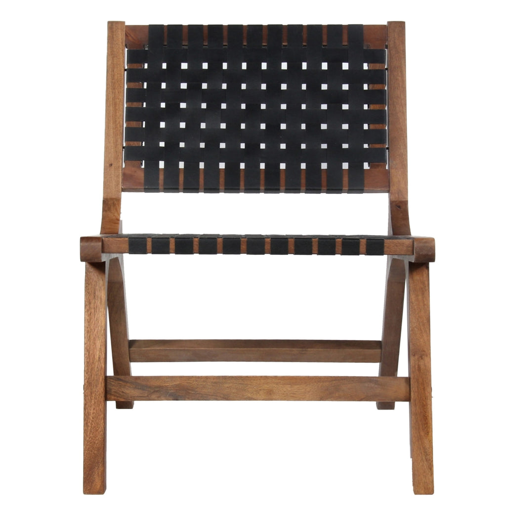 Walnut Brown Mango Wood Accent Chair with Woven Genuine Leather Seat V775