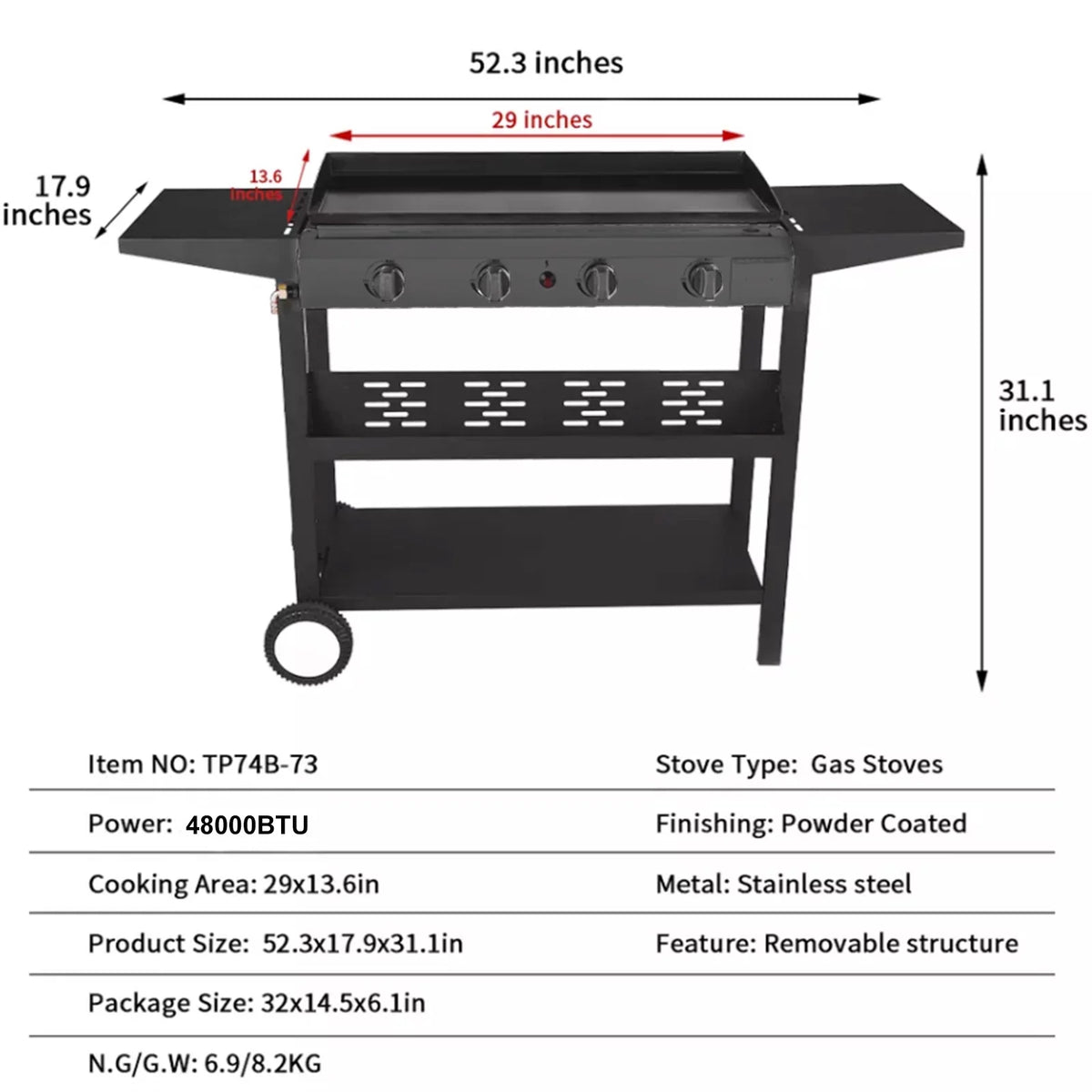 4 Burner Propane Gas Grill Griddle, Black Y4689