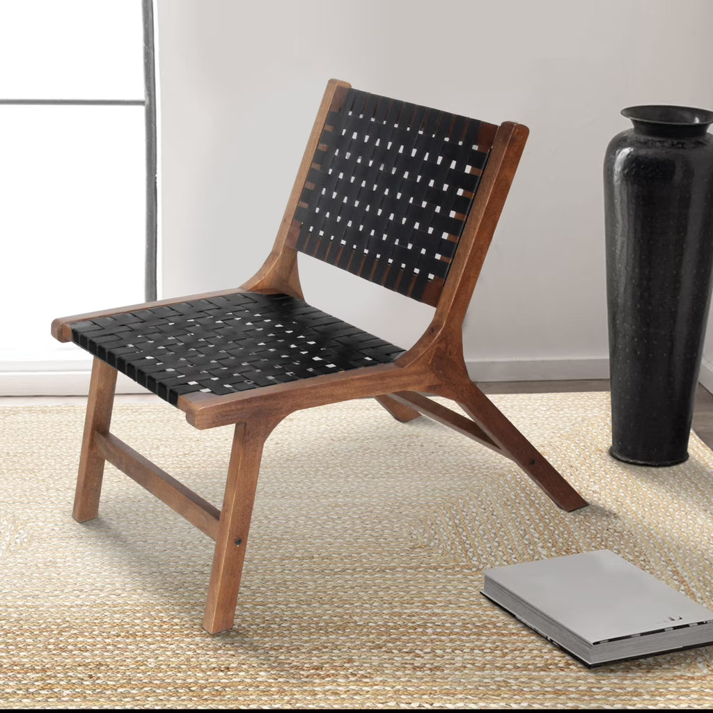 Walnut Brown Mango Wood Accent Chair with Woven Genuine Leather Seat V775