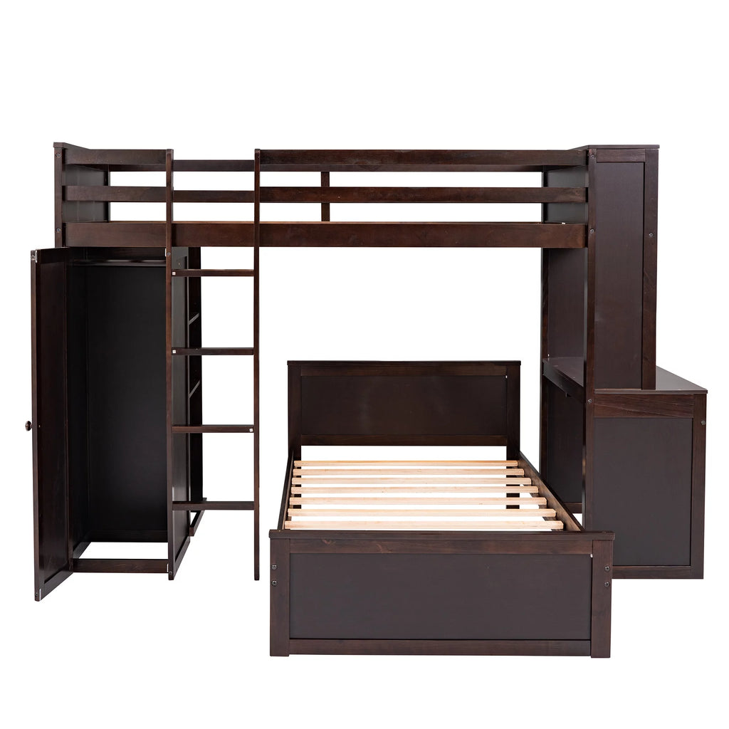 Twin Size Solid Wood Loft Bed with Desk and Wardrobe W114359