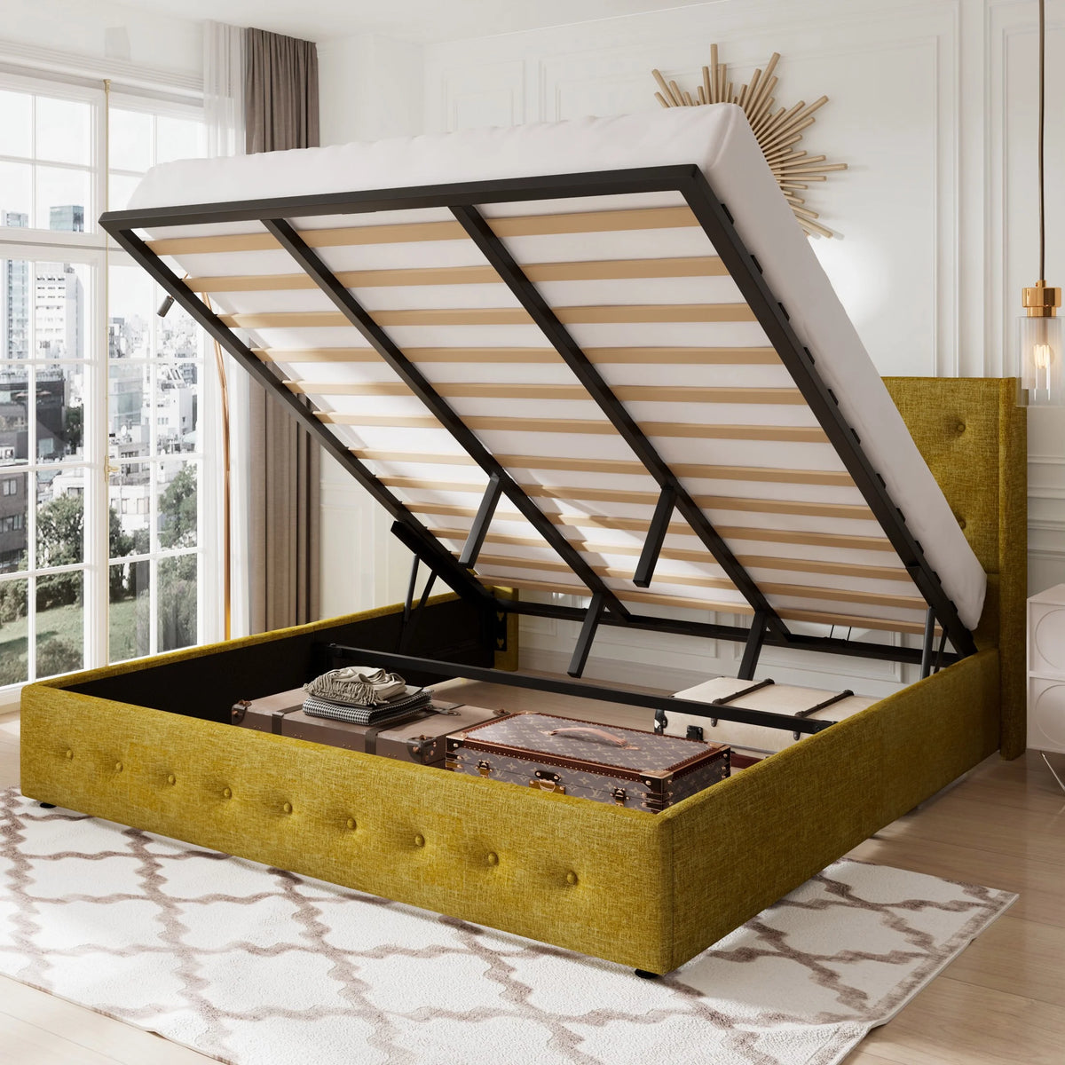 Queen Size Lift Up Platform Storage Bed Frame with Wingback Headboard X350257