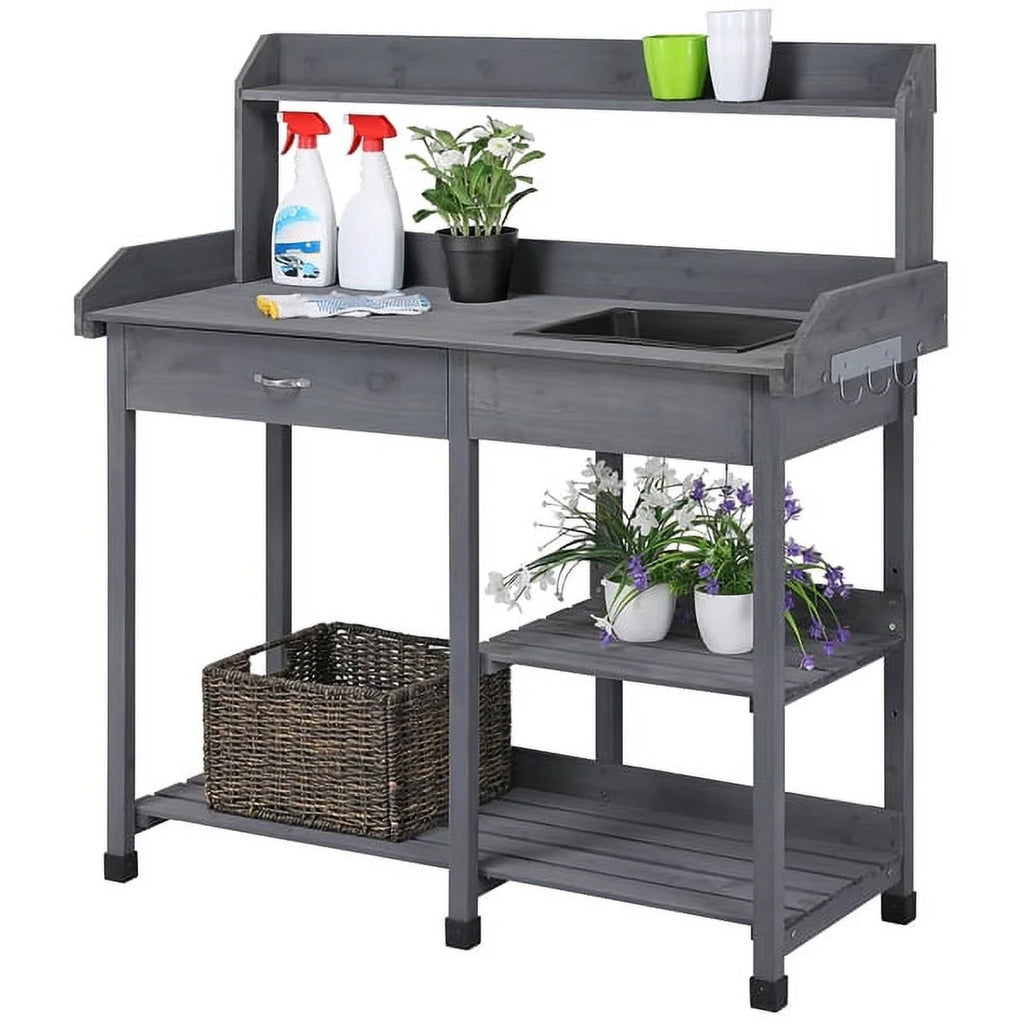 Wooden Potting Bench with Sink Drawer Rack Y748992