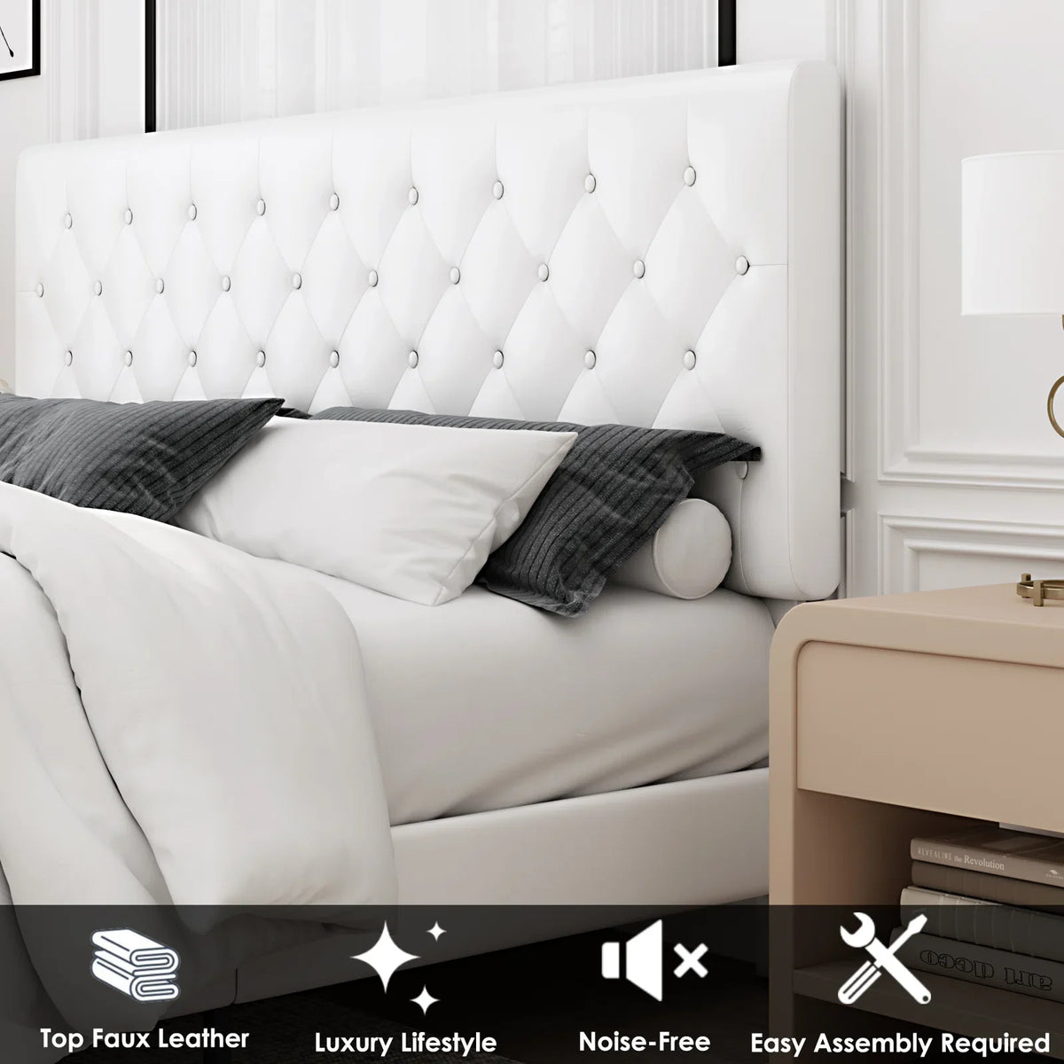 Black Faux Leather Upholstered Button Tufted Full Size Platform Bed Frame with Adjustable Headboard T17948