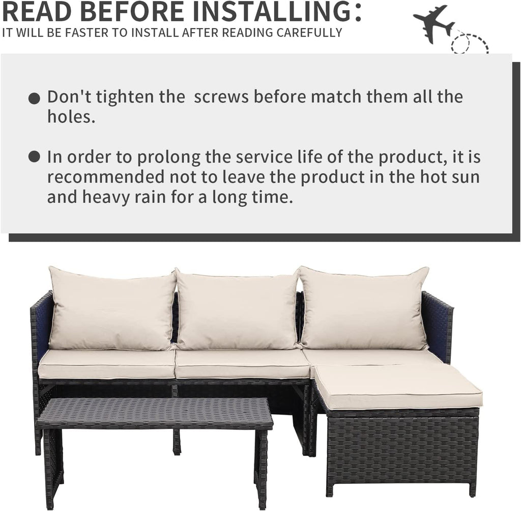 3-Piece Outdoor PE Rattan Patio Conversation Sofa Set K378