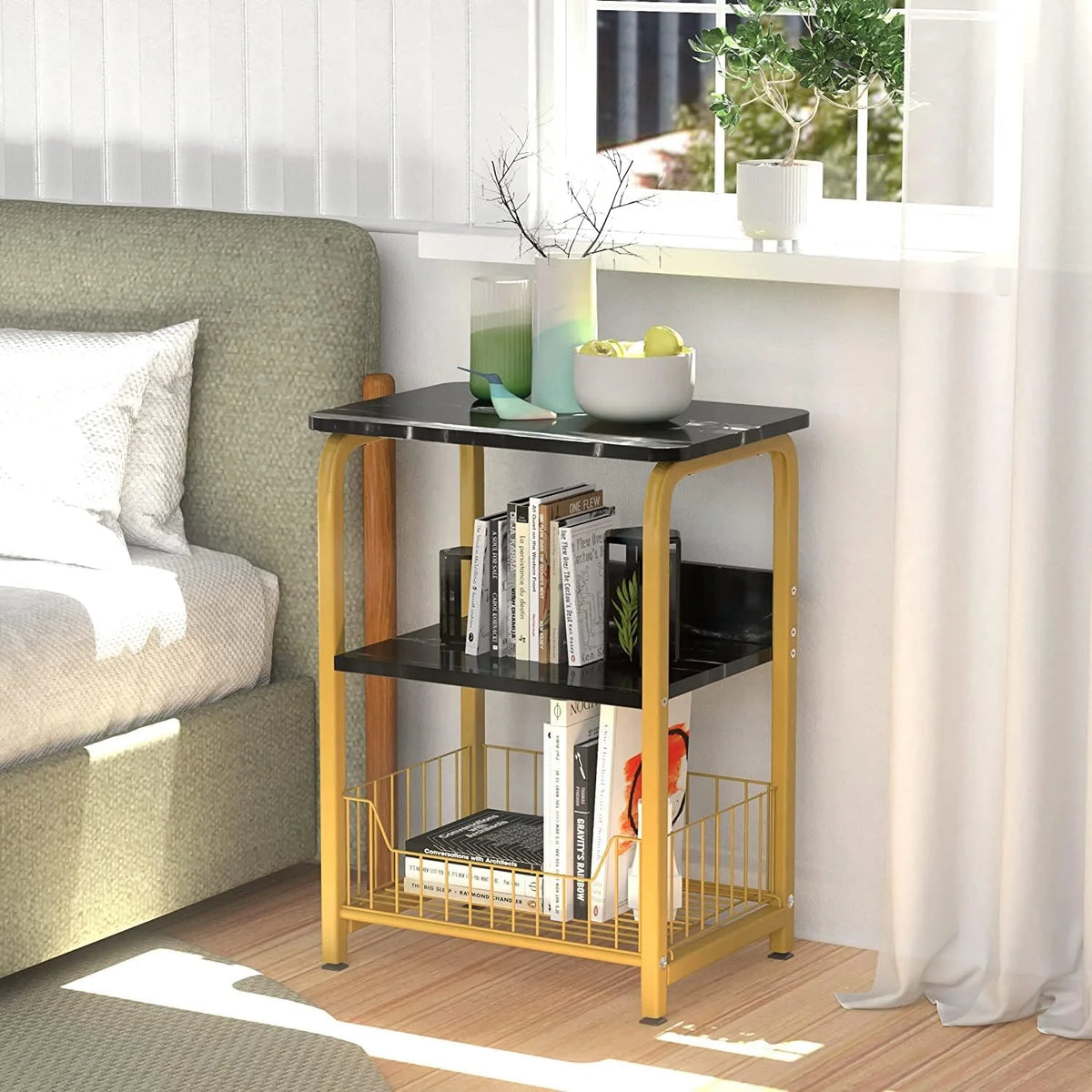 Black Marble 3 Tiers Nightstand with Wood and Metal Frame H40626