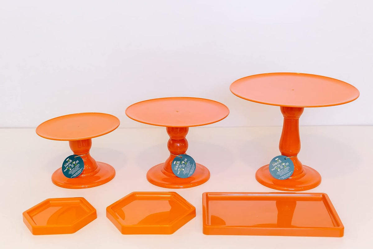 ABS Plastic Colorful Set of 3 Cake Stands 2 Hexagon Trays 1 Rectangular Tray Pink T329893