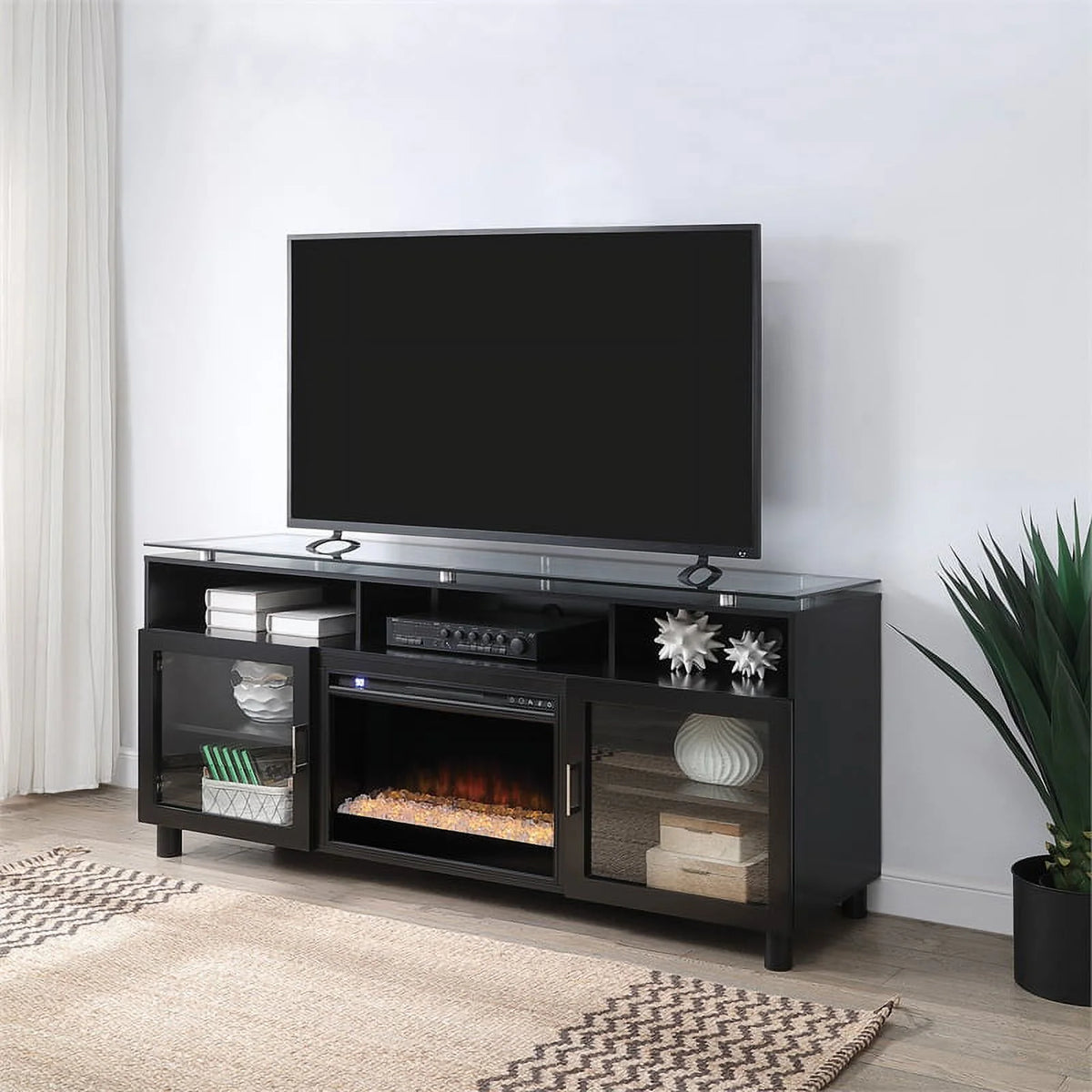 72" Black Engineered Wood TV Stand with Tempered Glass G174806