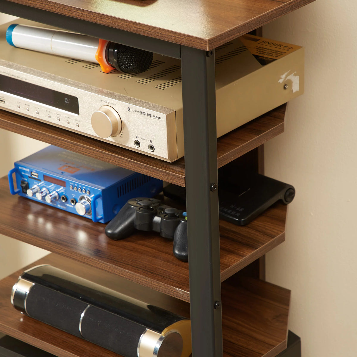 Brown TV Stand with Storage Shelves and Steel Frame U6877
