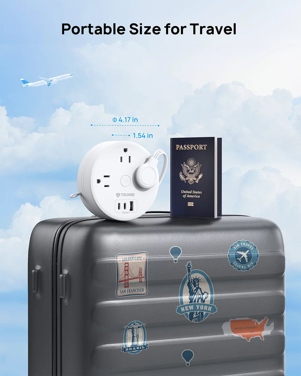 Travel Power Strip with USB C Ports, 3 AC Outlets, 5ft Extension Cord Z16763