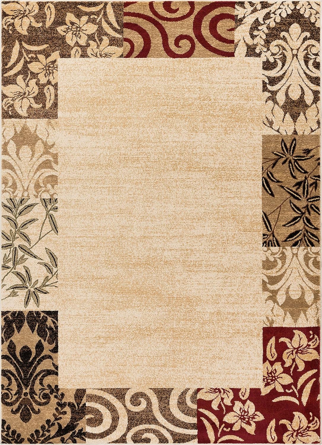 Beige Damask Border Rug 7x10 Oval T120024