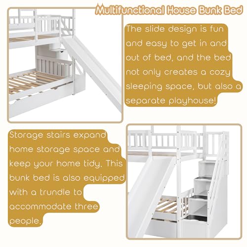 White Twin Over Twin Wood Bunk Bed with Slide and Trundle L618