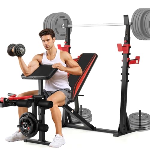900 LBS Adjustable Weight Bench and Squat Rack with Leg Extension, Preacher Curl Pad Z1662