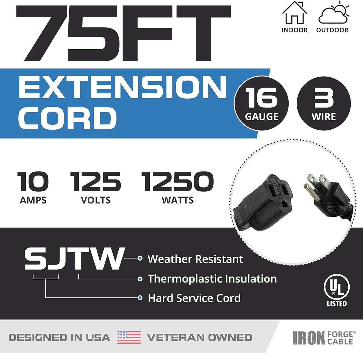 75 Ft Black Outdoor Extension Cord H82560