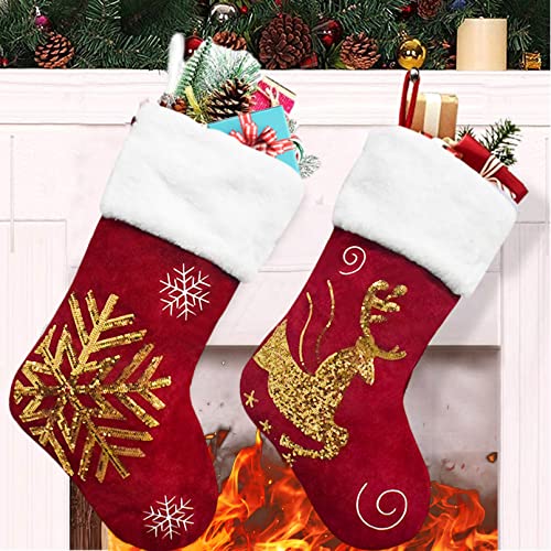2 Pcs 18 inches Burlap Christmas Stockings with Plush Cuff E52784