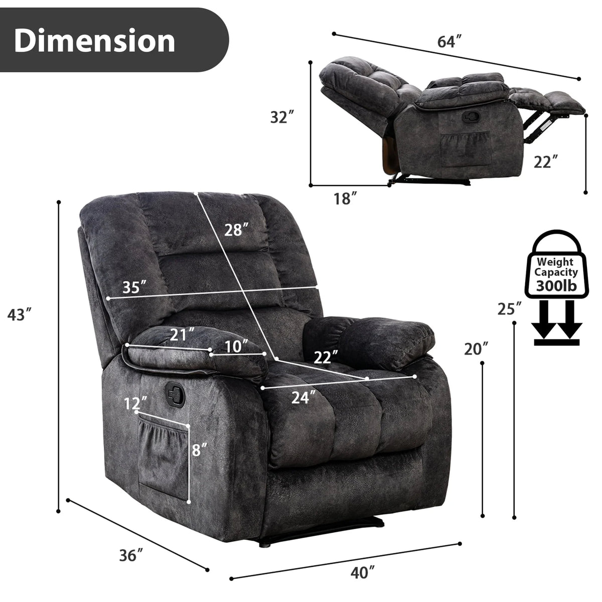 Gray Fabric Manual Recliner with Massage and Heat W272763