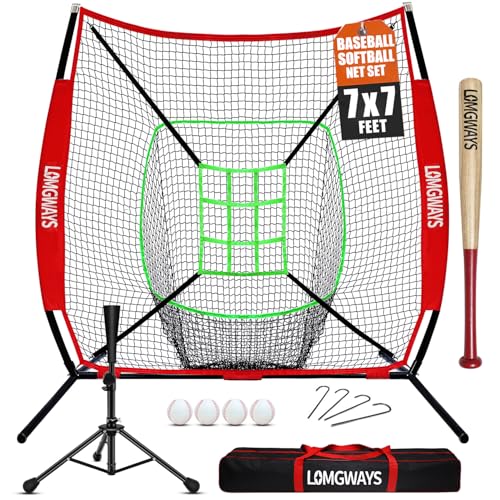 7'x7' Portable Baseball Net Set with Tee, Bat, Balls, Strike Zone, Carrying Bag O971967