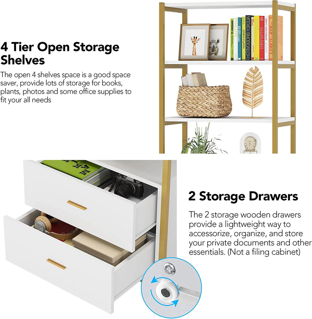 4 Tier Bookshelf with 2 Drawers White and Gold J4012