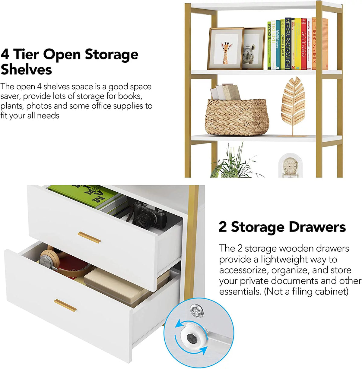 4 Tier Bookshelf with 2 Drawers White and Gold J4012