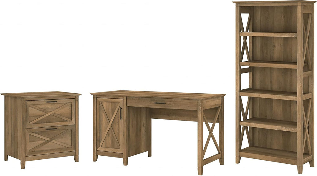 54W Dark Gray Hickory Computer Desk with 2 Drawer Lateral File Cabinet and 5 Shelf Bookcase A353465