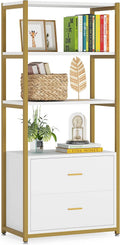 4 Tier Bookshelf with 2 Drawers White and Gold J4012