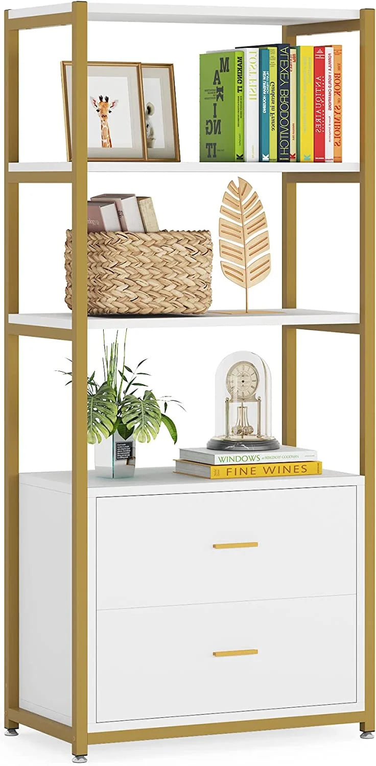 4 Tier Bookshelf with 2 Drawers White and Gold J4012