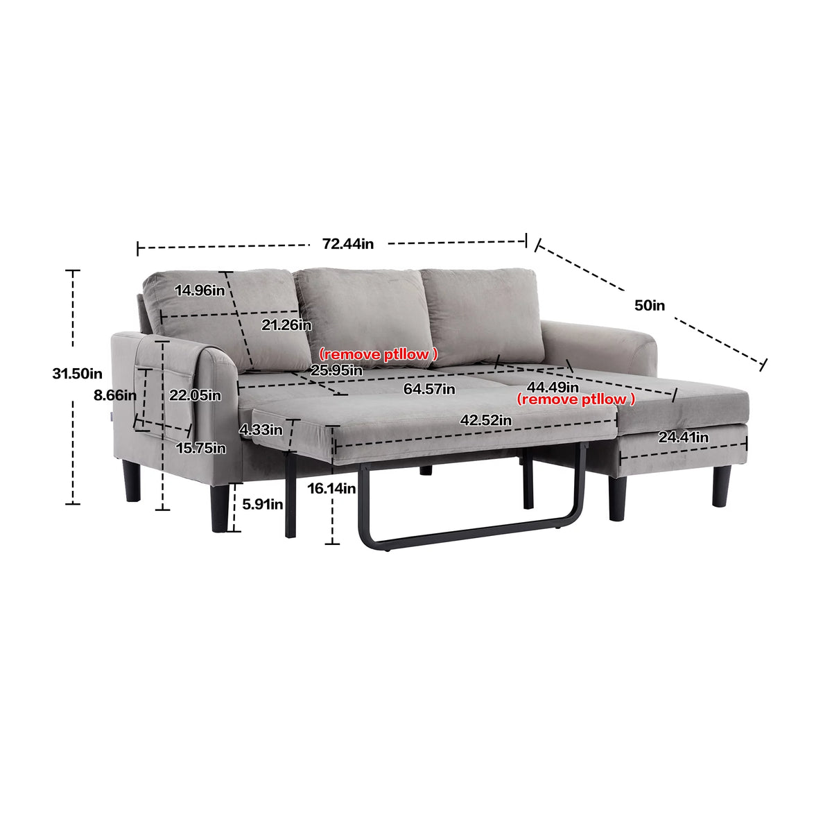 Gray Fabric Sectional Sleeper Sofa with Pull Out Bed P278620