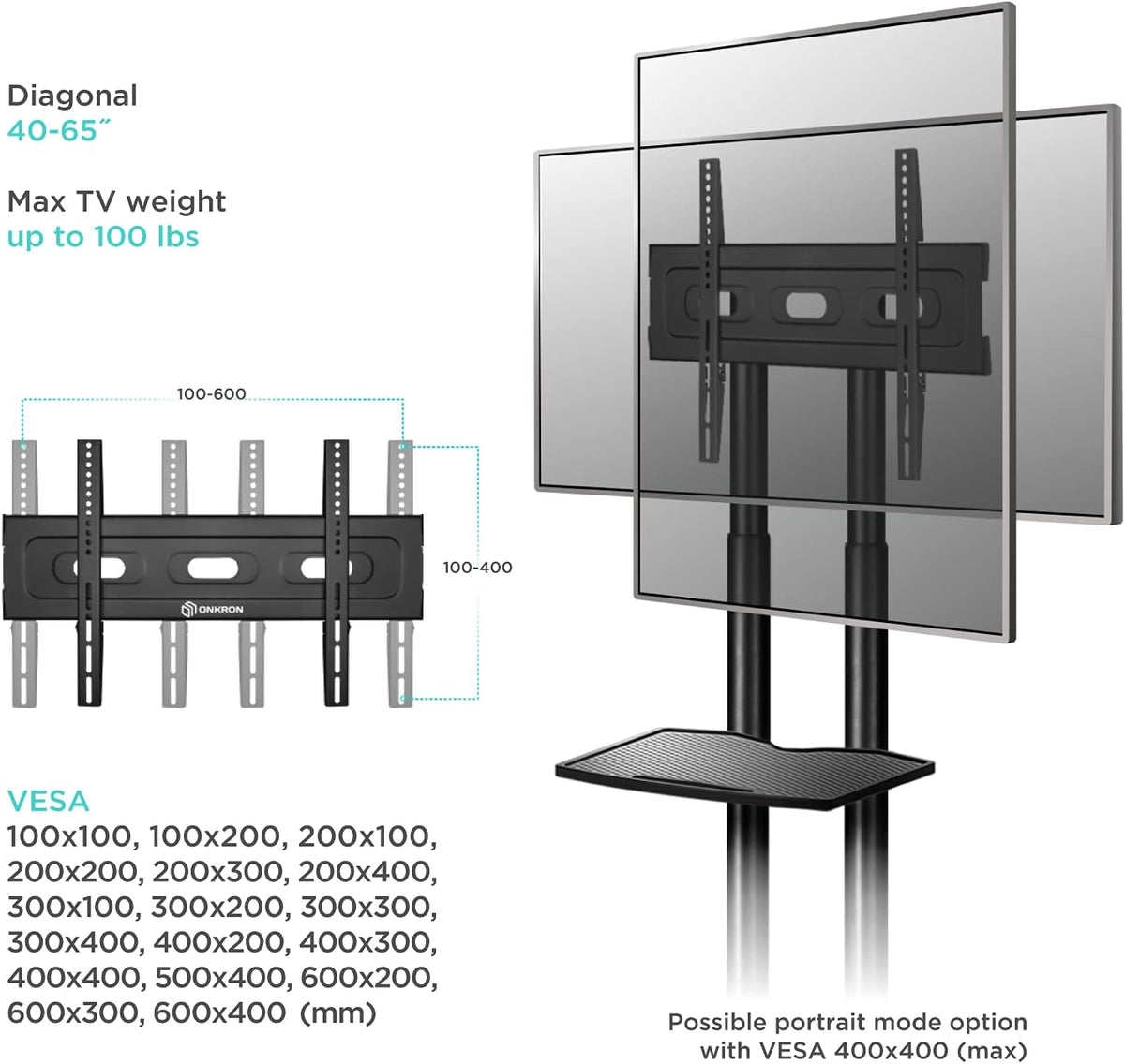 Mobile TV Stand for 40 to 65 Inch TV with Wheels Shelves N944966