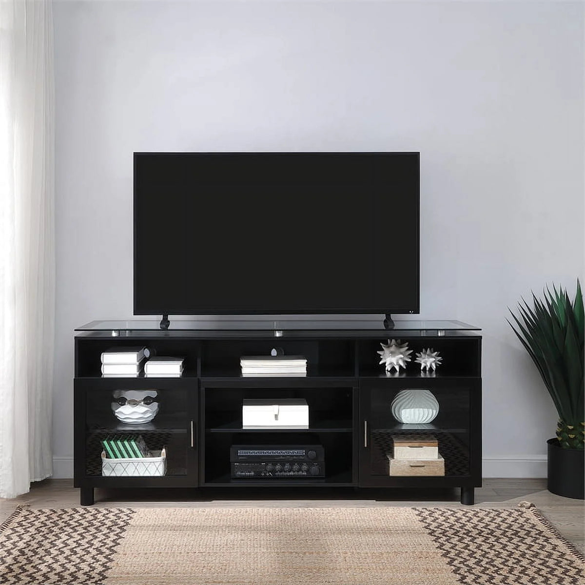 72" Black Engineered Wood TV Stand with Tempered Glass G174806