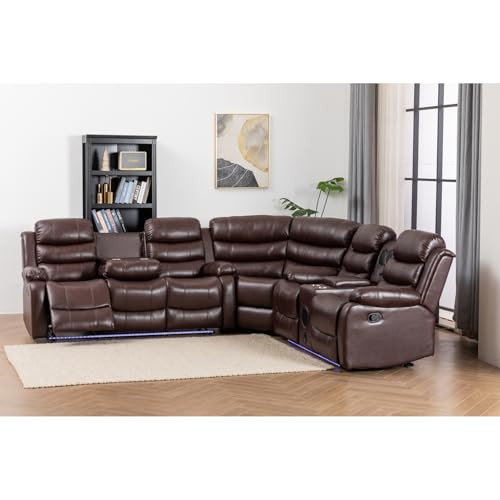 White PU Leather L-Shaped 9 Seater Reclining Sectional Sofa with LED Light T825683