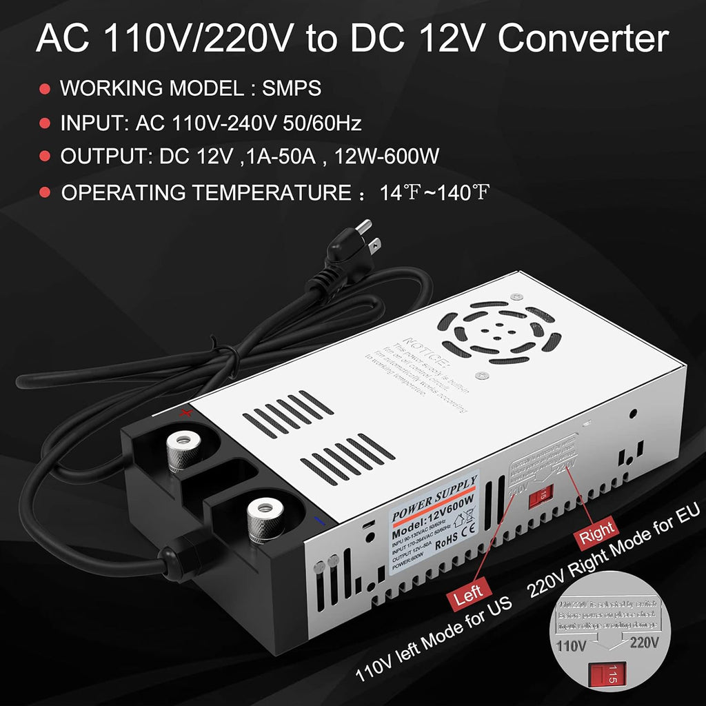 110V AC to 12V DC Converter Power Supply 600W 50A Pack of 2 Q102