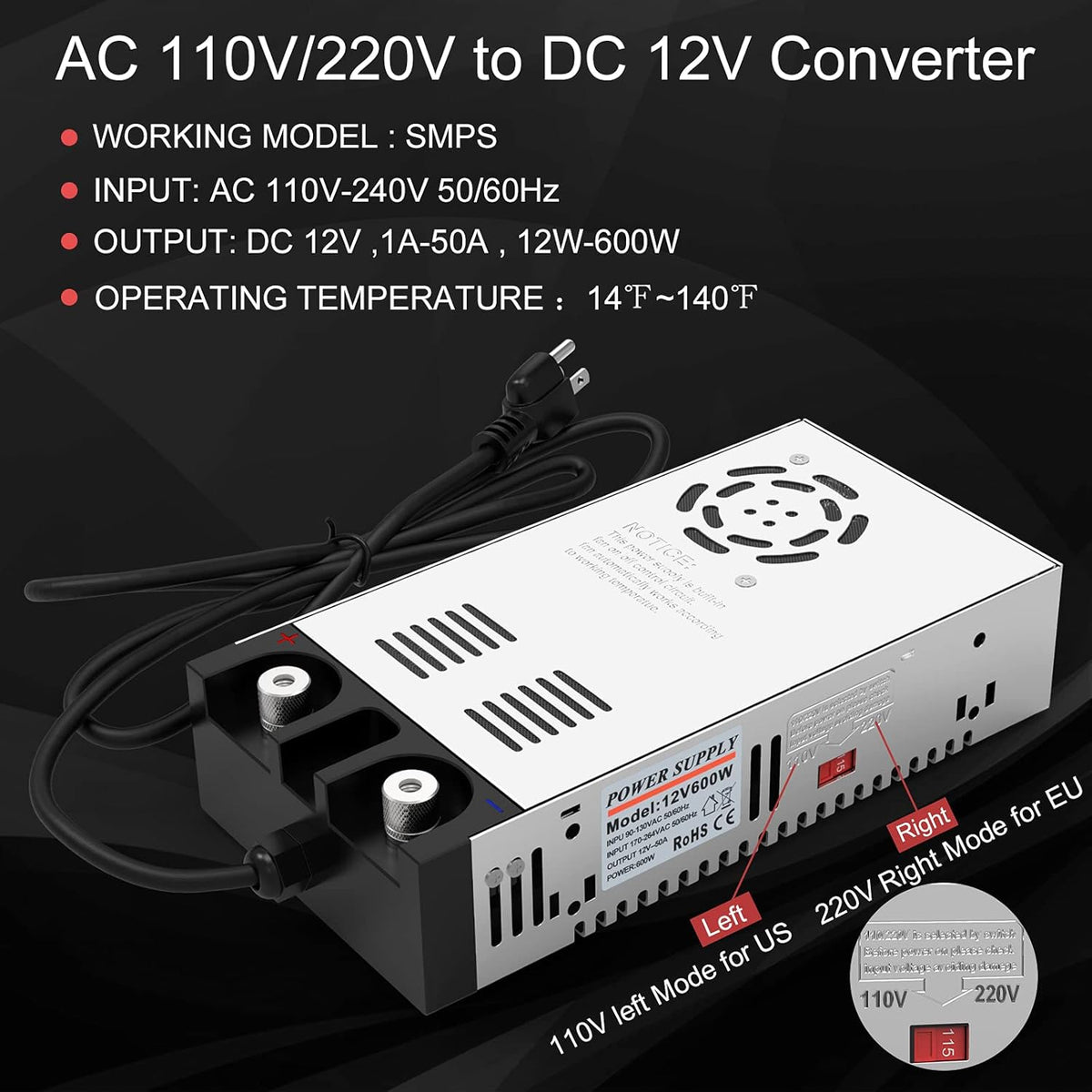110V AC to 12V DC Converter Power Supply 600W 50A Pack of 2 Q102