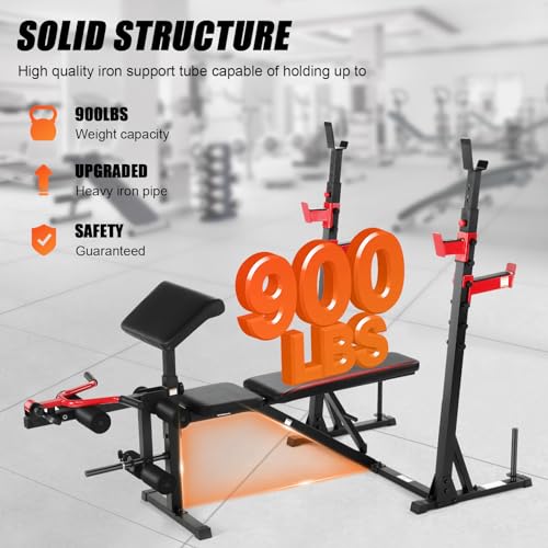 900 LBS Adjustable Weight Bench and Squat Rack with Leg Extension, Preacher Curl Pad Z1662