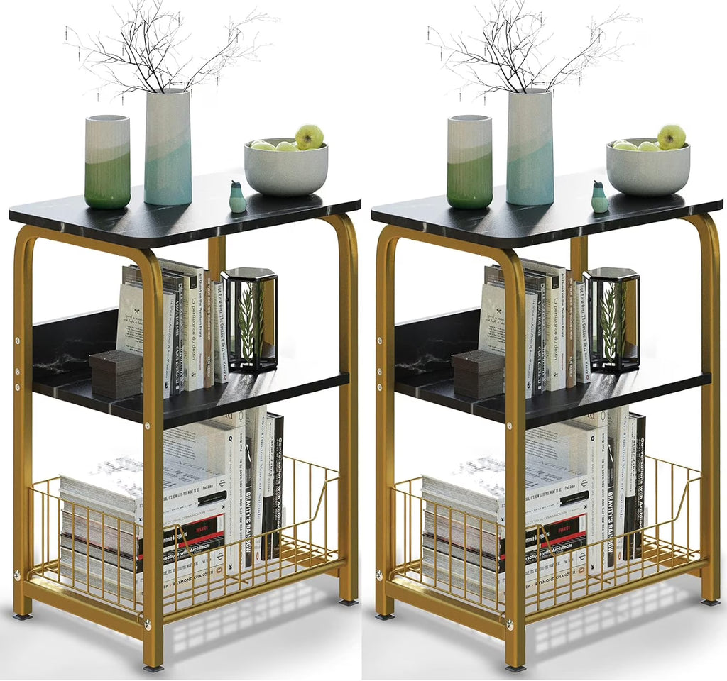 Black Marble 3 Tiers Nightstand with Wood and Metal Frame H40626